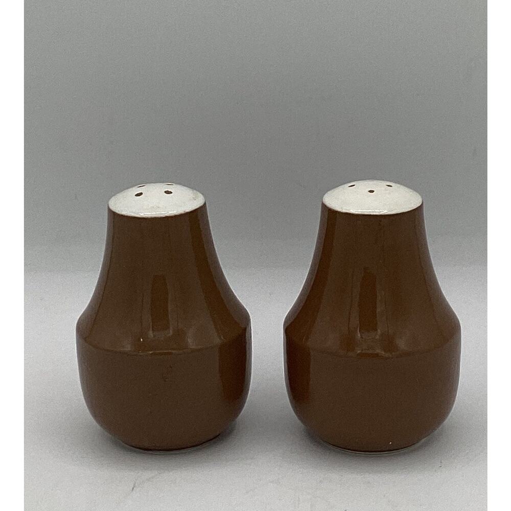 Mid Century Modern Pottery Ceramic Brown & White Salt & Pepper Shaker Set MCM